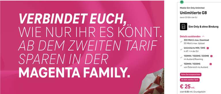 Magenta Family Sim Only Unlimited 5G Tarif, ab dem 2. Tarif, keine Aktivierungsgebühr, Bindung & Servicepauschale + 6 Monate Disney+ gratis