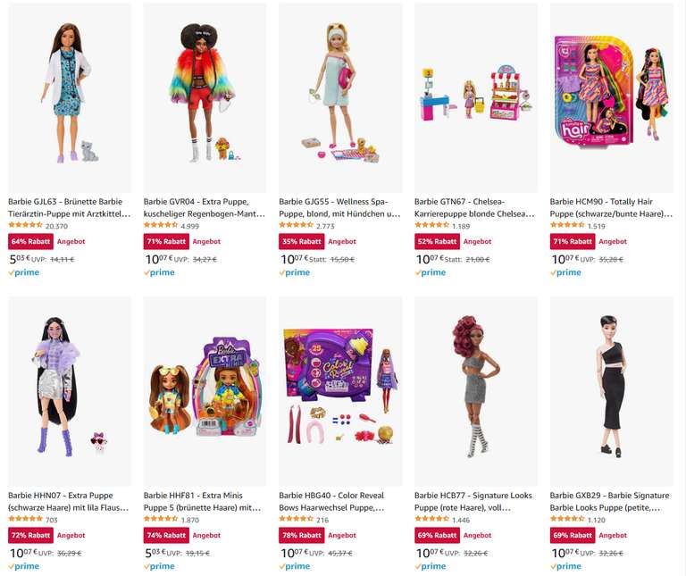 Zusammenfassung: viele verschiedene Barbie Artikel ab 4,99 € bei Amazon. Einfach mal reinschauen