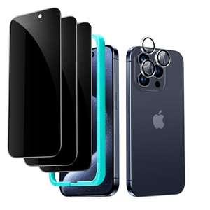ESR iPhone Series 15 Anti Spy Displayschutz-Set mit 3 Stück Folien, 1 Satz individuellem Kamera Schutz & Rahmen