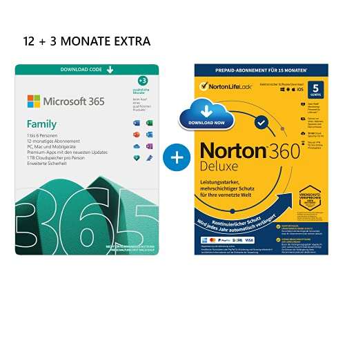 Microsoft 365 Family 12+3 Monate | 6 Nutzer | + NORTON 360 Deluxe