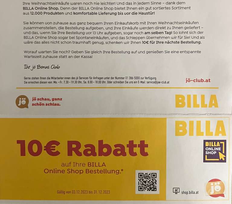 (Personalisiert) 10€ Rabatt auf Ihre BILLA Online Shop Bestellung