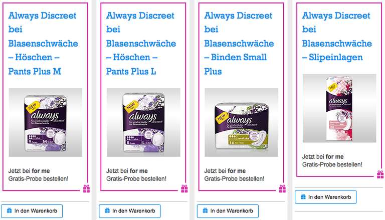 Always Discreet (Binden, Höschen, Slipeinlagen) kostenlos bestellen - bis zu 20 € sparen