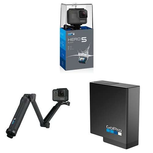 GoPro HERO5 Black Action Kamera (schwarz/grau) mit GoPro 3-Wege Halterung und Akku
