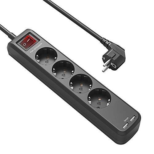 RAVPower 4-fach Steckdosenleiste + Ein/Aus-Schalter + 2x USB Lader (2,4A pro, 3,1A ges)