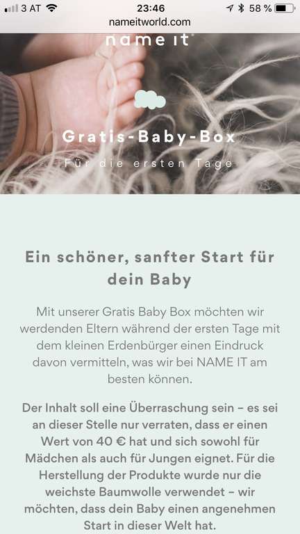 Name it: Gratis-Baby-Box im Wert von EURO 40,—!