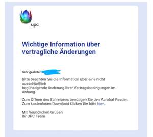 UPC tut es wieder (Sonderkündigungsrecht)