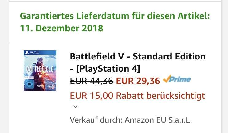 -15€ auf Battlefield V via Amazon PS4/Xbox um 29,36€, PC um 21,30€
