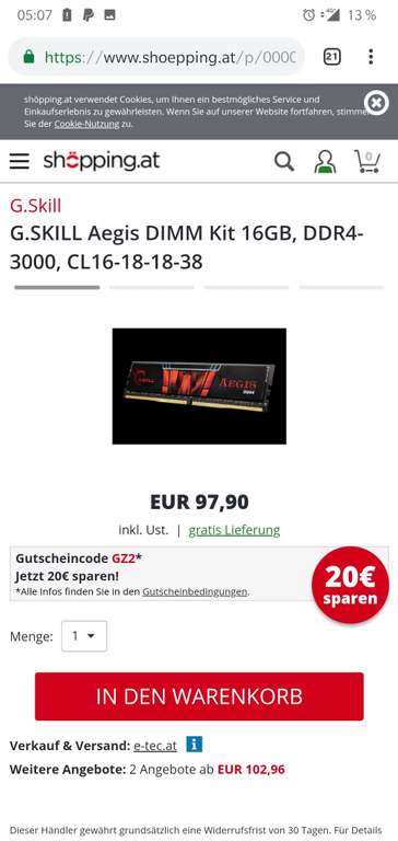 G.SKILL Aegis 16Gb Ram DDR4-3000, CL16