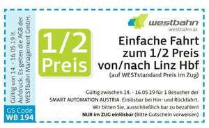 [INFO] WESTBAHN Einfache Fahrt zum 1/2 Preis von/nach Linz Hbf