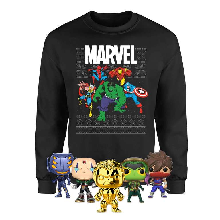 [Zavvi.de] Marvel Weichnachts-Sweatshirt mit 5 Pop! Figuren (goldener Hulk)