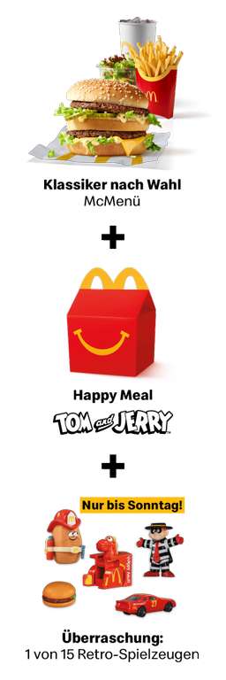 McDonald's - Jubiläums Menü, Klassiker McMenü + Happy Meal + Retro Spielzeug