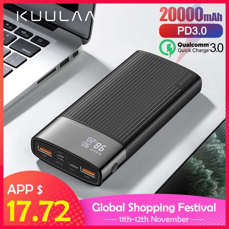 Aliexpress - KUULAA Power Bank 20000 mAh USB Typ C PD Schnelle Lade + Quick Charge 3,0 ab 15,40 Euro
