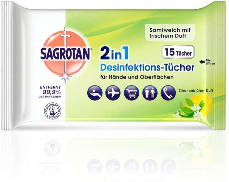 AMAZON.de Sagrotan 2in1 Desinfektionstücher mit Zitronenblüten-Duft – Zum Desinfizieren von Händen und Oberflächen – 1 x 15 Feuchttücher
