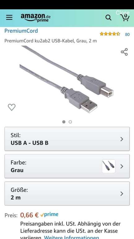 2m USB Drucker-Kabel "Premium Cord" grau [Amazon prime]