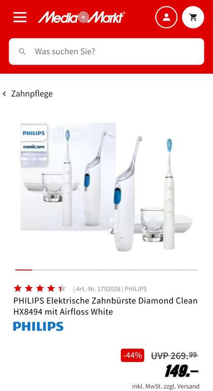 PHILIPS Elektrische Zahnbürste Diamond Clean HX8494 mit Airfloss White
