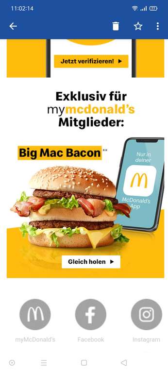 [McDonalds] Gratis Big Mac Bacon für mymcdonalds App