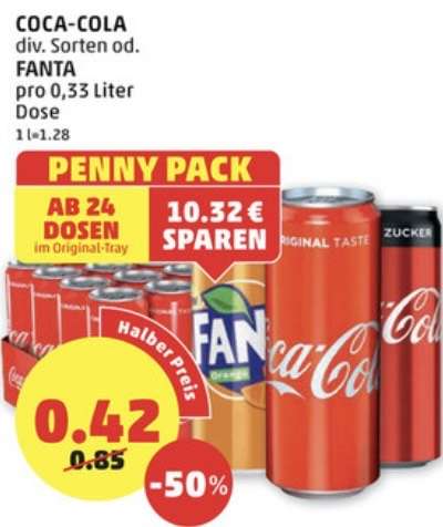 Coca-Cola(div. Sorten)/Fanta pro 0,33-Liter-Dose: € 0,42 ab 24 Stück bei Penny