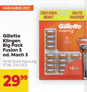 Billa: Gilette Klingen Big Pack - Fusion 5 (14 Stk.) / Mach 3 (18 Stk.) + 25% Pickerl