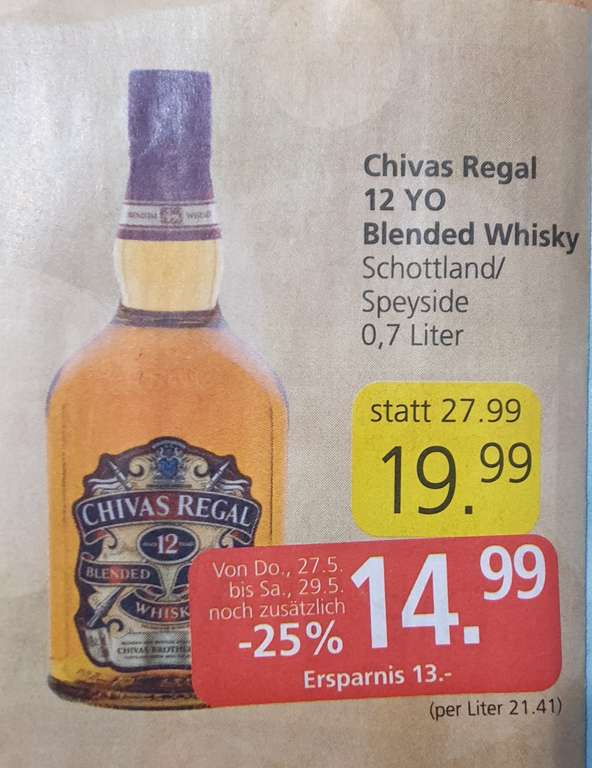 -25% auf ALLE Spirituosen bei Spar, Inter- u. Eurospar z. Bsp. Whisky Chivas Regal 12 Jahre
