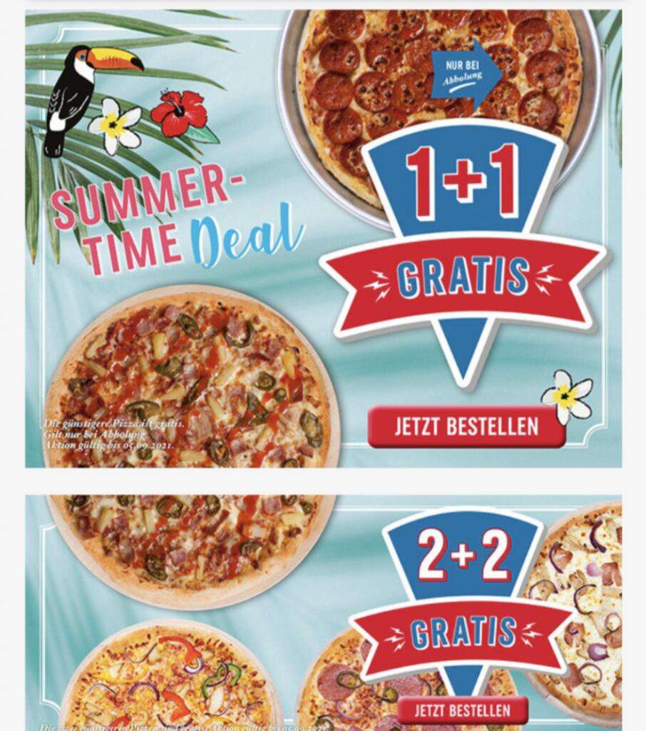 Domino's Pizza 1 + 1 Gratis Pizza bei Abholung oder 2+2 gratis bei