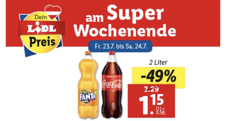 Hammerpreis für 2 Liter Coca Cola, Fanta oder Sprite