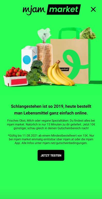 mjam market 10 Euro-Gutschein (15 Euro MBW, nur in ausgewählten Bezirken)