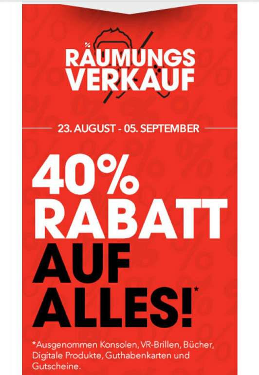 Räumungsverkauf: 40% Rabatt auf Vieles im Gamestop Westbahnhof (Wien) und im Gamestop City Arkaden Klagenfurt (Kärnten)