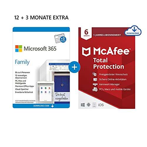 Microsoft 365 Family 12+3 Monate Abonnement (6 Nutzer) + McAfee Total Protection 2020/NORTON 360 Deluxe für 12 Monate