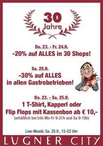 30 Jahre Lugner City: -20% in Shops, -30% in Gastro + Gratis T-Shirt, Kapperl oder Flip Flops