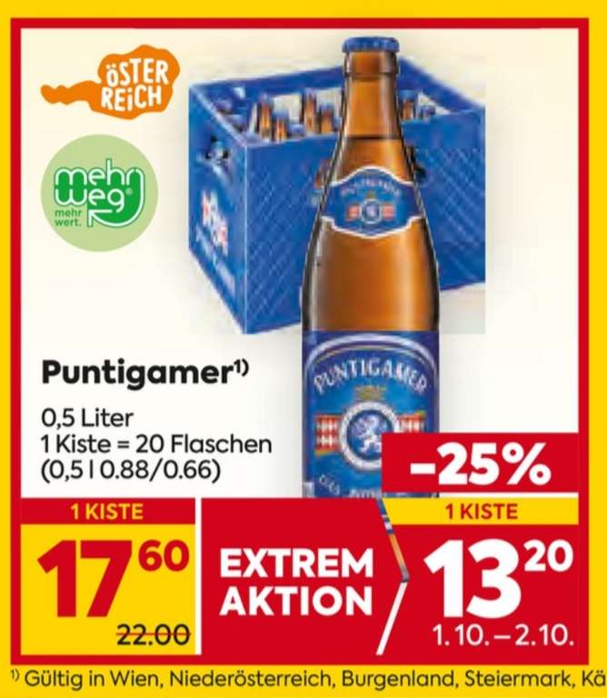 -25% auf alle Biere von Puntigamer & Zipfer am 1. und 2.Oktober bei BILLA-PLUS