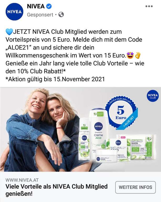 Nivea Club: 1 Jahr Mitgliedschaft inkl. Willkommensset Aloe um 5 Euro (statt 15 Euro)