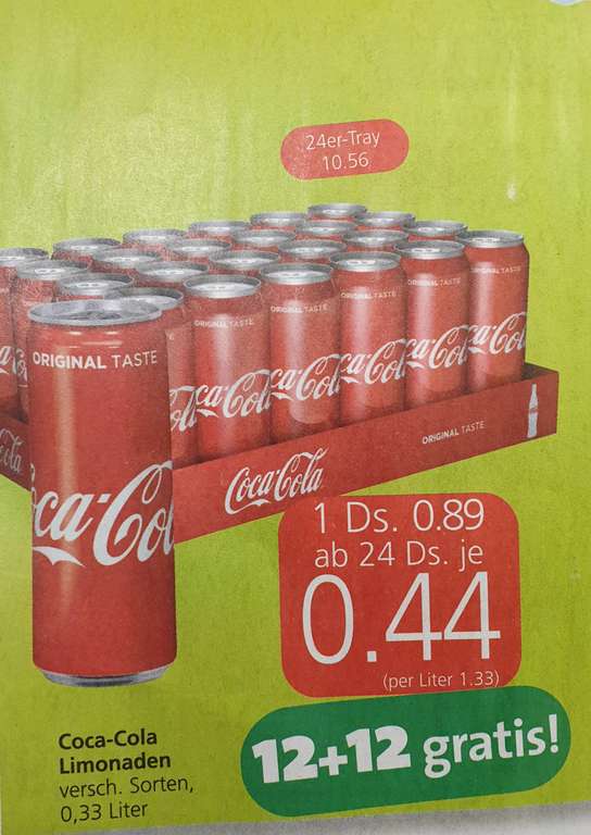 Coca Cola 0,33l (div. Sorten) 12+12gratis bei Spar, Eurospar und Interspar ab 21.10.