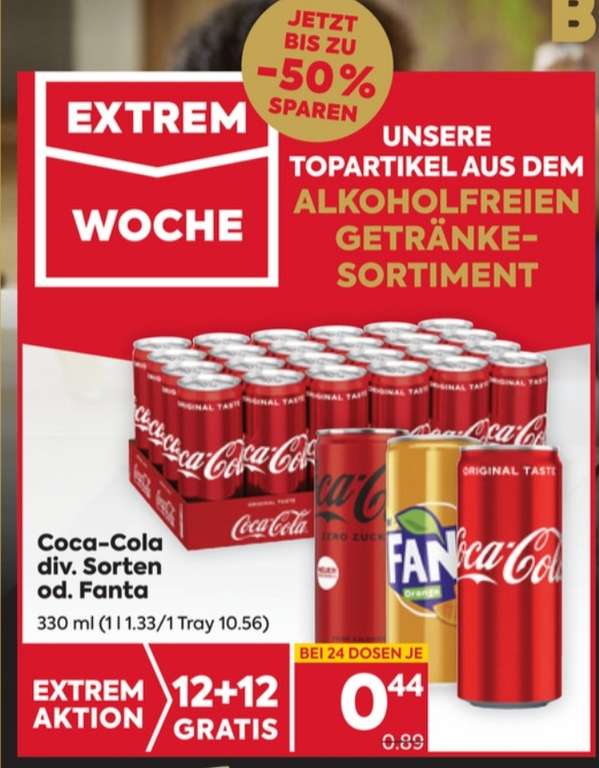 Extrem-Aktion auf alkoholfreie Getränke zBsp. Coca Cola (0,33l, div. Sorten) um € 0,44 oder Red Bull (div. Sorten) um € 0,89 Billa/Billa+