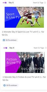 Sky X Fiction und/oder Sky X Sport & Live TV für je € 1.- und 50 Ös / Jö App - Bonuswelt