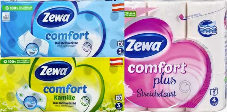 Toilettenpapier ZEWA Comfort/Kamille (10 rollen) oder Comfort Plus (9 Rollen) mit 39-fach DM