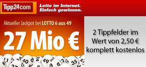 2 Lottofelder im Wert von 2,50 € kostenlos spielen bei Tipp24 - 27 Millionen im Jackpot