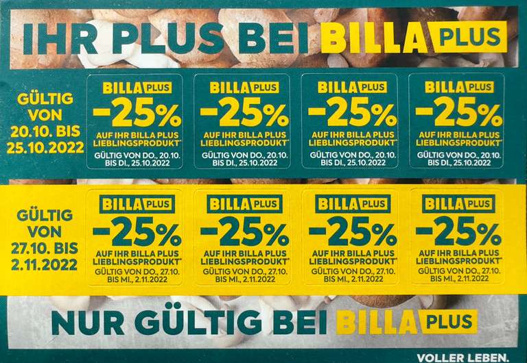 Billa / BIlla Plus: 25% Sticker 4x von 20.-25.10, 4x von 27.10 - 02.11