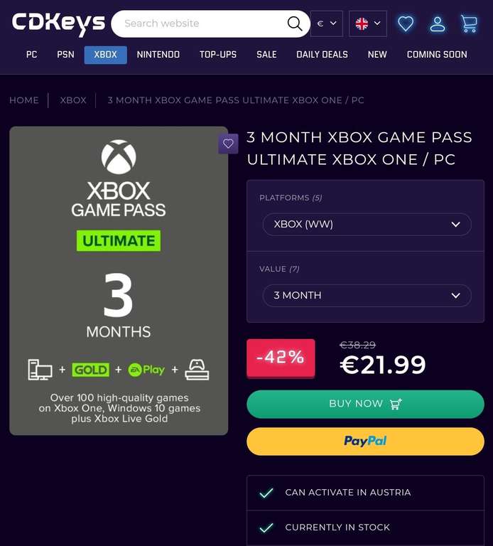 Xbox Gamepass Ultimate 3 Monate für 21,99€