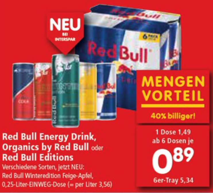 45 Dosen Red Bull, verschiedene Sorten bei Abholung / pro Dose 0,69€