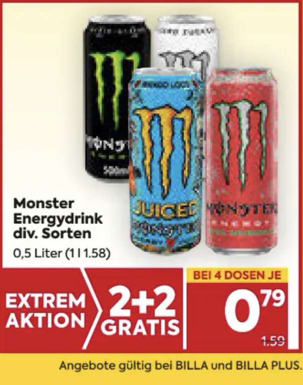 Monster Energy Dose um je 0,79€ statt 1,59€ ab 4 Stück bei BILLA & BILLA Plus