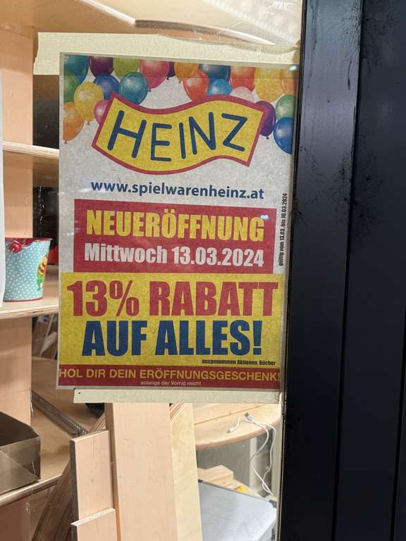 -13% Rabatt bei Spielwaren Heinz wegen Neueröffnung Filiale 1040 Wiedner Hauptstrasse 13