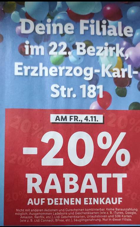 LIDL Erzherzog Karl Straße -20% auf deinen Einkauf am 04.11.