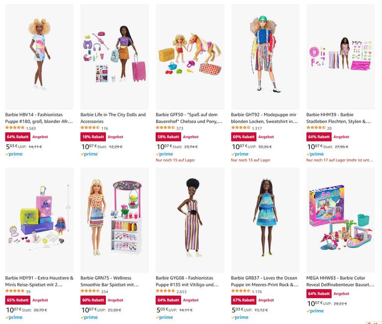 Zusammenfassung: viele verschiedene Barbie Artikel ab 4,99 € bei Amazon. Einfach mal reinschauen