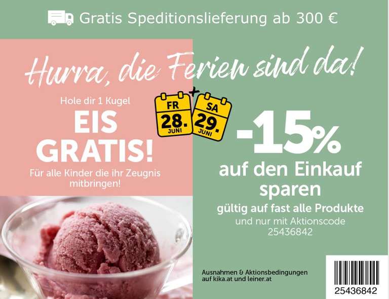 Kika / Leiner: 1 Kugel Eis für alle Kinder mit Zeugnis gratis und 15% auf den Einkauf