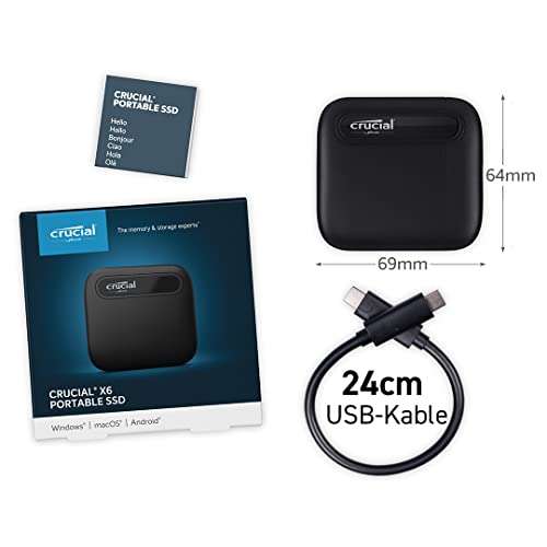 Crucial CT1000X6SSD9 X6 1TB Portable SSD – Bis zu 800MB/s – USB 3.2