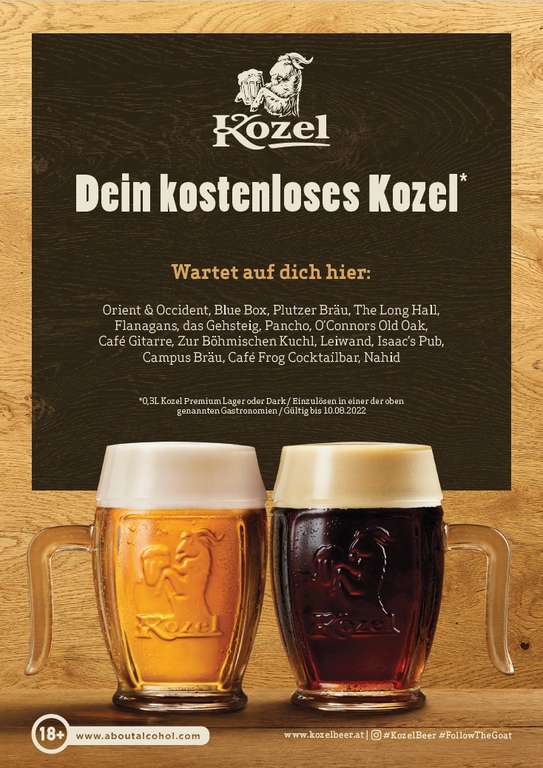 Gratis Kozel Bier 0,3 Liter Gutschein für Lokale in Wien