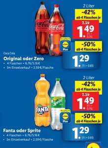 Lidl - Coca Cola original/zero, Fanta oder Sprite - 50% ab 4x 2L Flaschen