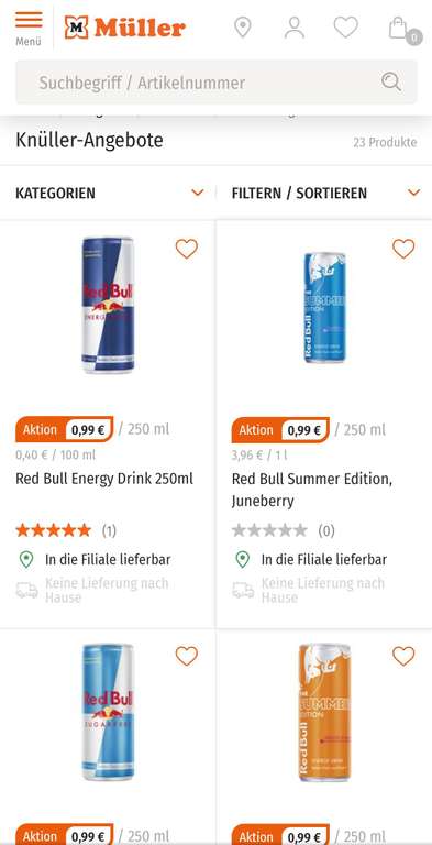 Alle Sorten Red Bull 250 ml um 0,99 € bei Müller