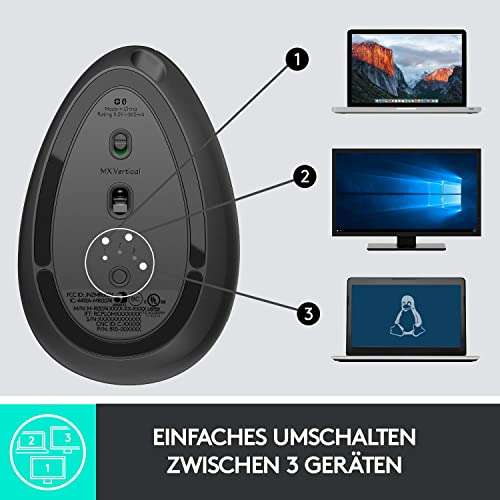 Logitech MX Vertical, Ergonomische Kabellose Maus, Bluetooth und 2.4 GHz Verbindung via Unifying USB-Empfänger