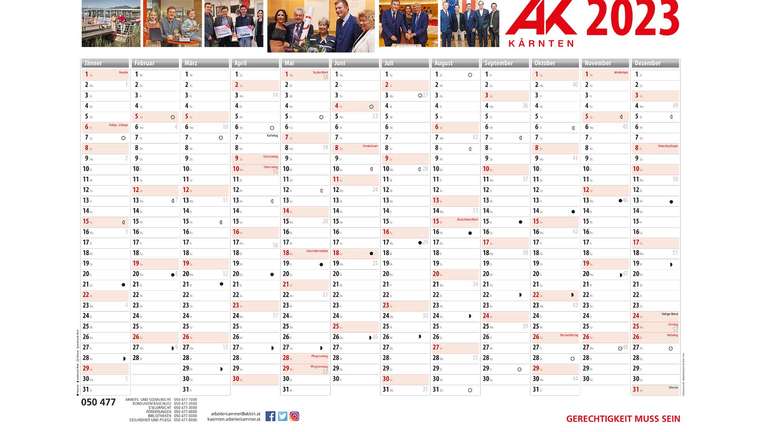 Kostenloser Wandkalender Jahresplaner + Arbeitszeitkalender 2023 von der AK Kärnten + Wien